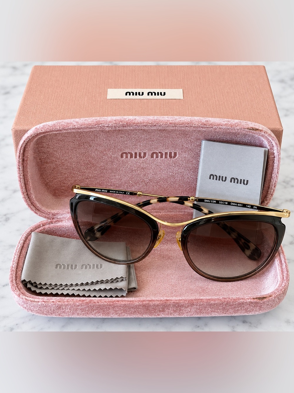 Miu Miu SMU 53R Cat Eye Sunglasses Brown Gradient Gold Italy w/ Box & Case